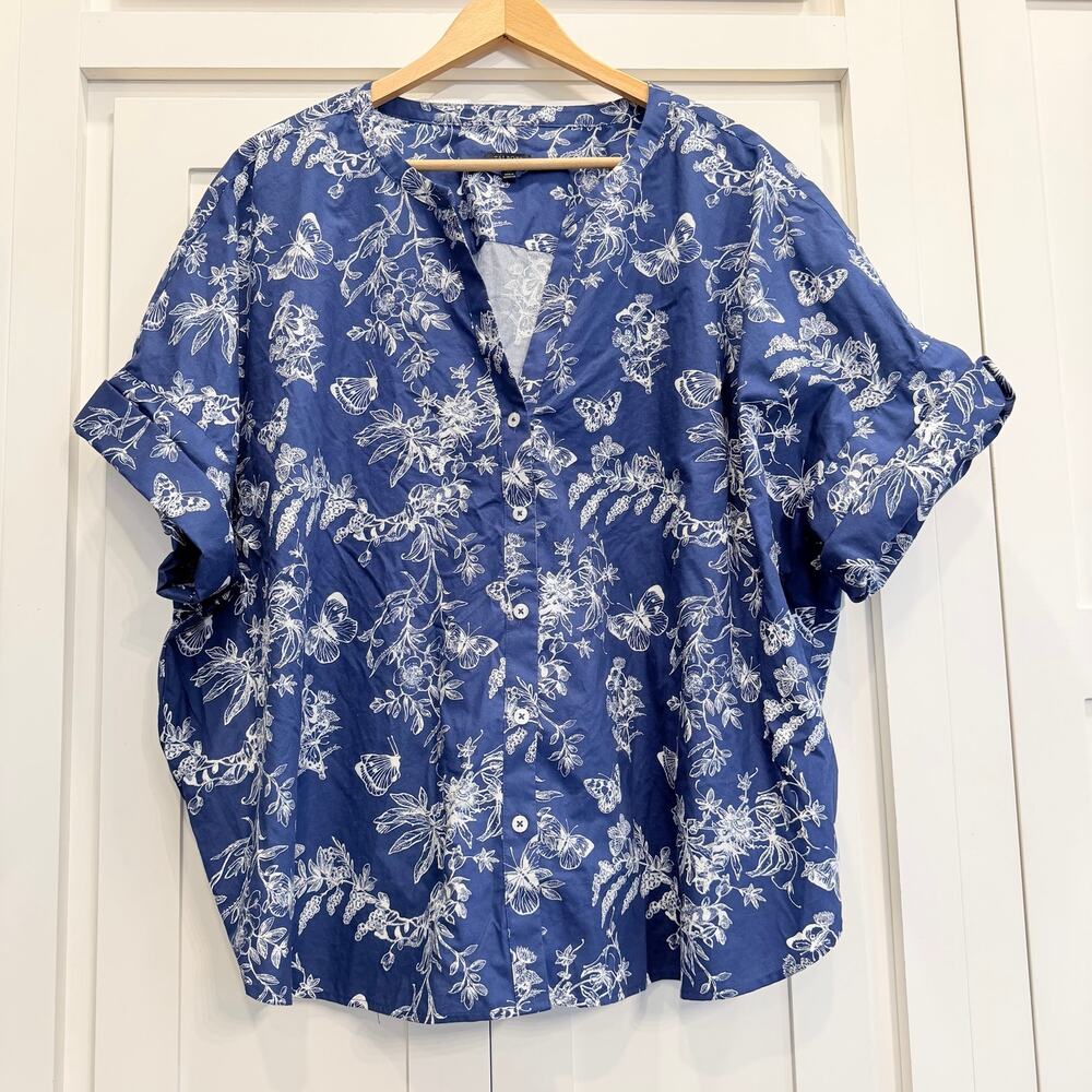 Talbots Plus 2X Blue White Botanical Floral 100% Cotton Button Front Top